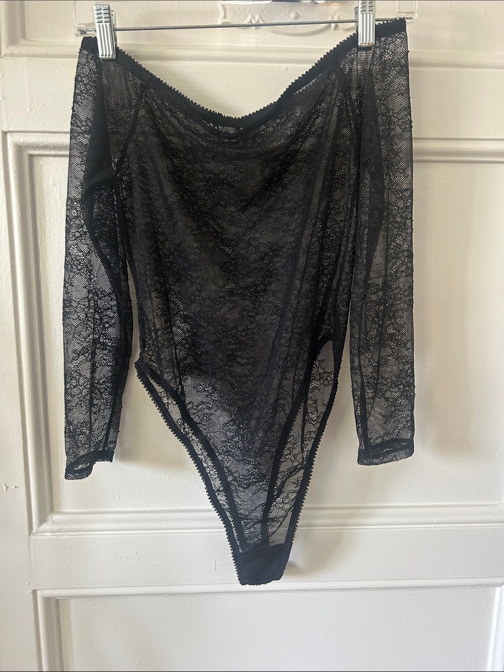 Black Lace Long-Sleeve Off-the-Shoulders Bodysuit